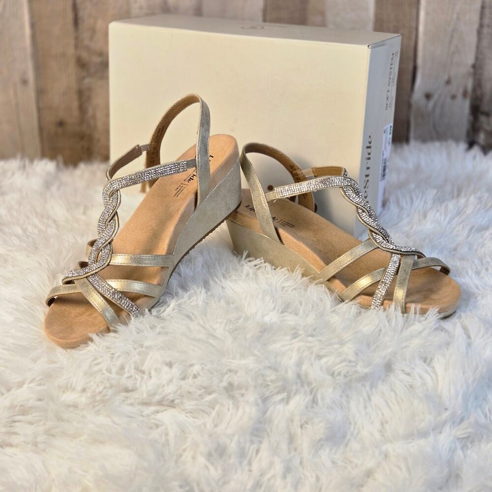 LifeStride Miami Wedges Plantino Gold Sequin Size 9.5 NIB